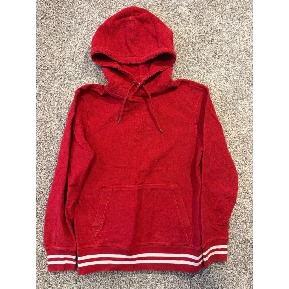 American Eagle Hoodie Women S Red AE Logo Striped Trim Pullover Sweatshirt